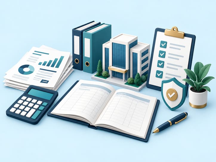 Illustration of a ledger, calculator and business records.