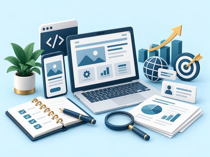Illustration of a business website on a laptop beside a tropical house.