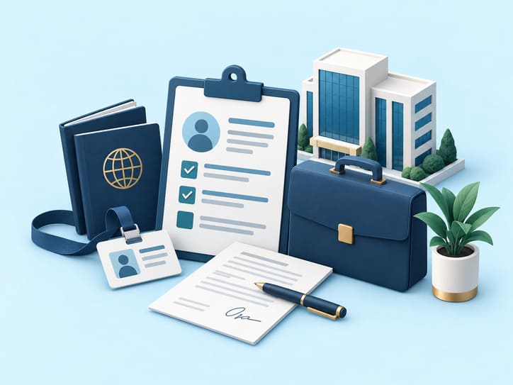 Illustration of travel documents and a globe for planning work in Indonesia.